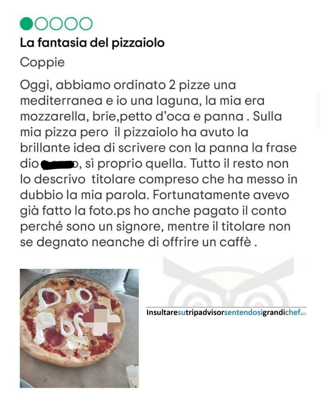 Pizza con bestemmia a Caorle, post su Tripadvisor