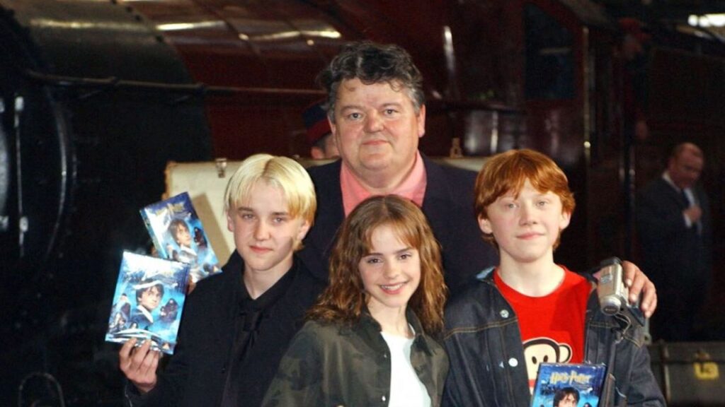 Robbie Coltrane, Emma Watson, Tom Felton e Rupert Grint