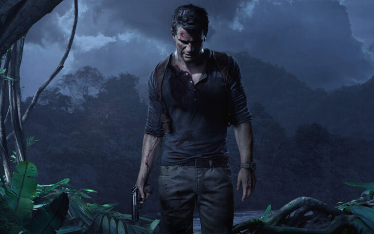 Nathan Drake in ombra con una pistola in mano in Uncharted 4
