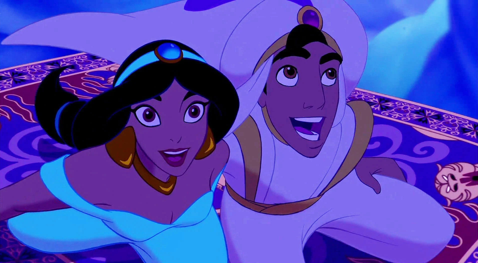 jasmine e aladdin volano sul tappeto volante in una scena famosa di aladdin