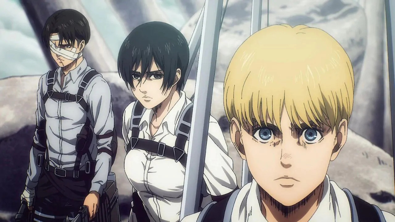 Armin, Mikasa e Levi nel finale de L'attacco dei giganti