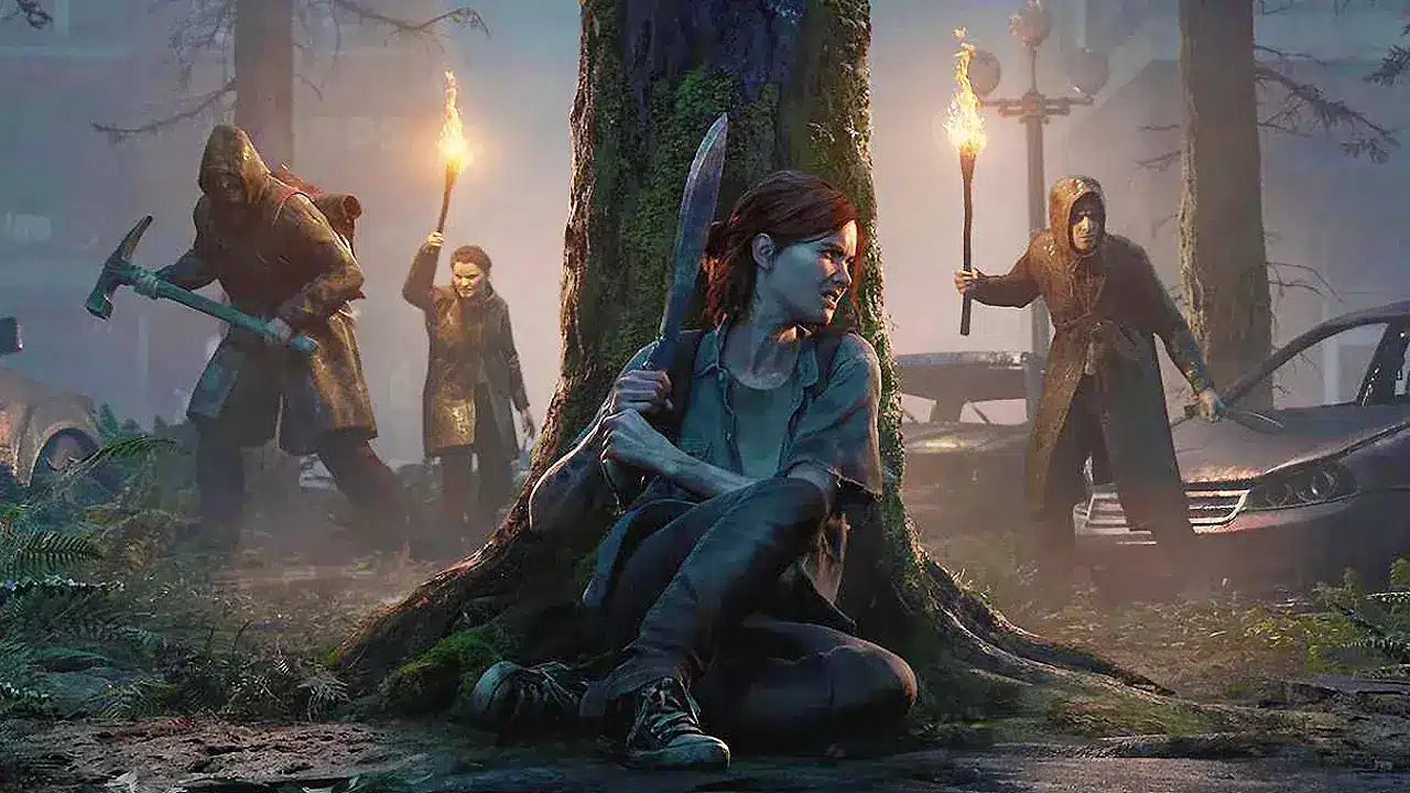 Ellie accerchiata si nasconde dietro un albero in The Last Of Us parte II