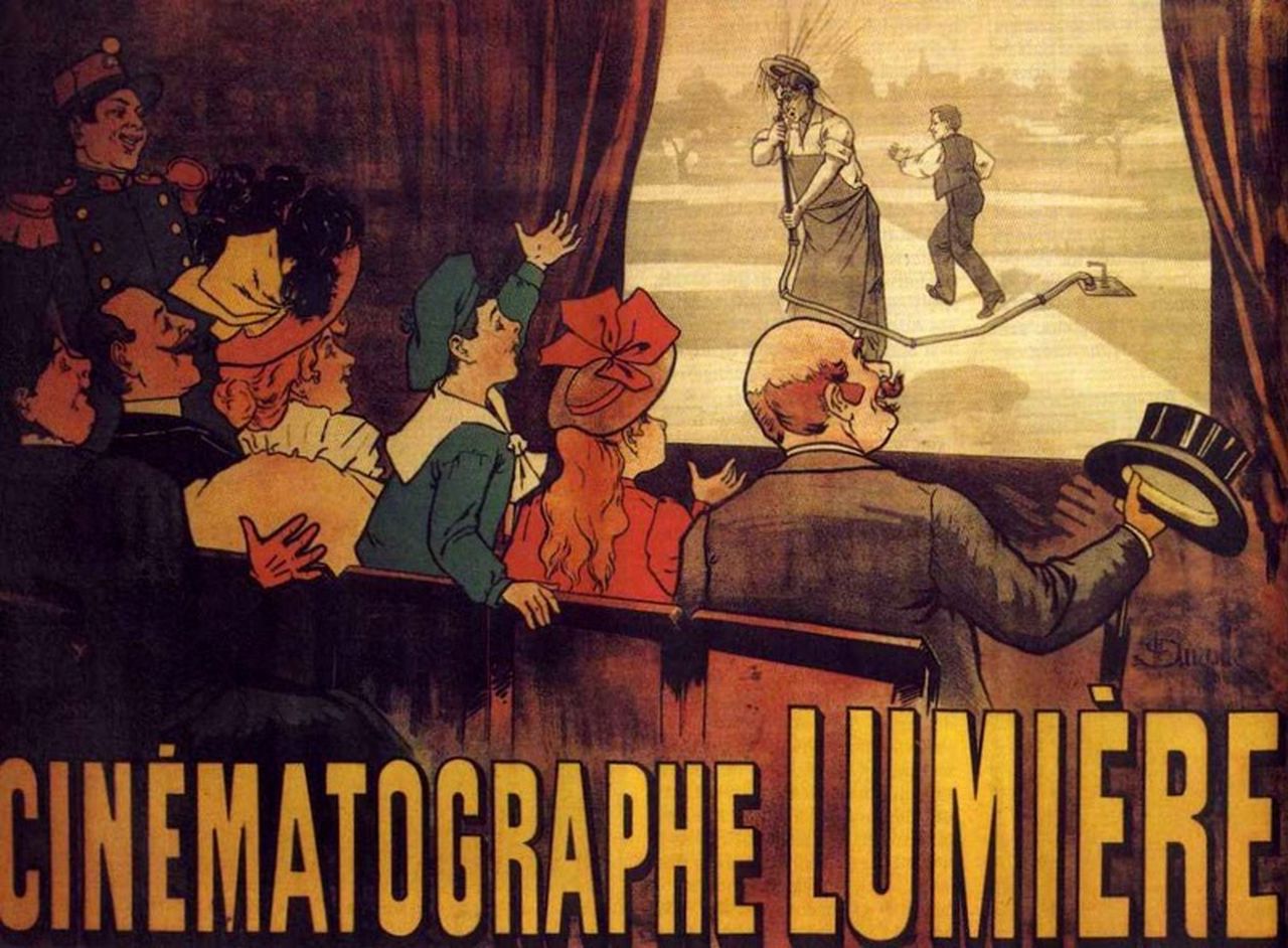 Un'illustrazione di una della prima proiezione pubblica dei fratelli Lumière