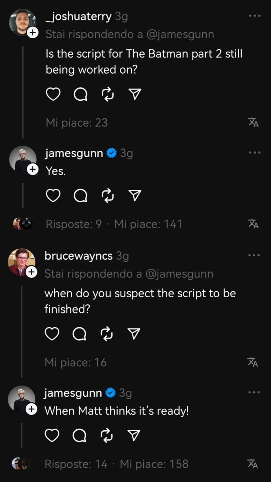 James Gunn su The Batman 2 su Threads