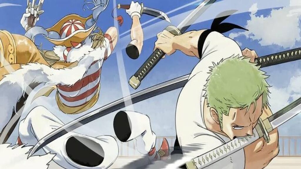 Artwork di una scena di One Piece di Zoro che combatte con Buggy