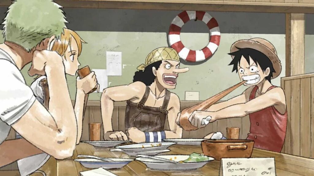 Artwork di una scena di One Piece con Luffy, Zoro, Usopp e Nami