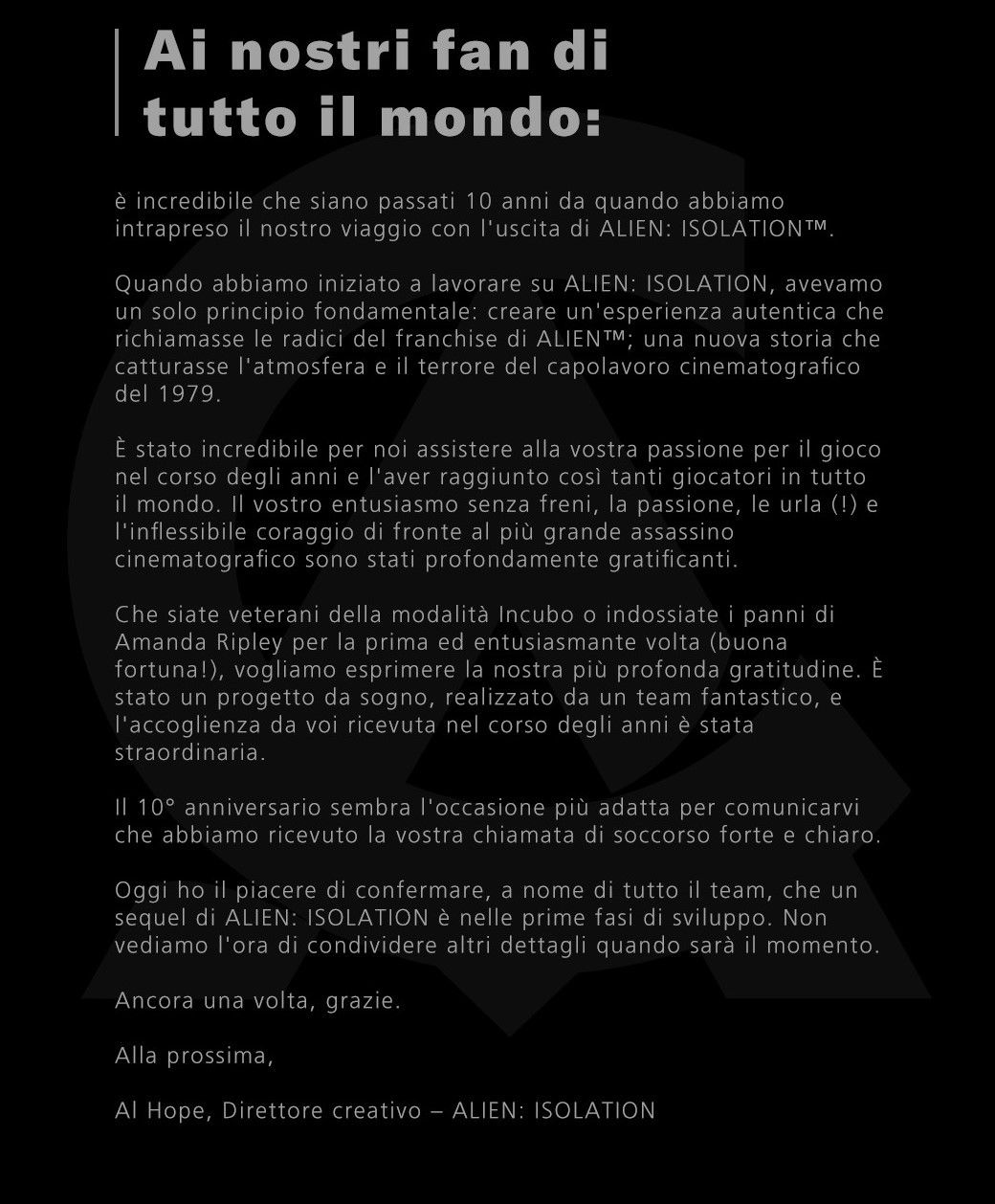 Comunicato dell'annuncio di Alien Isolation 2