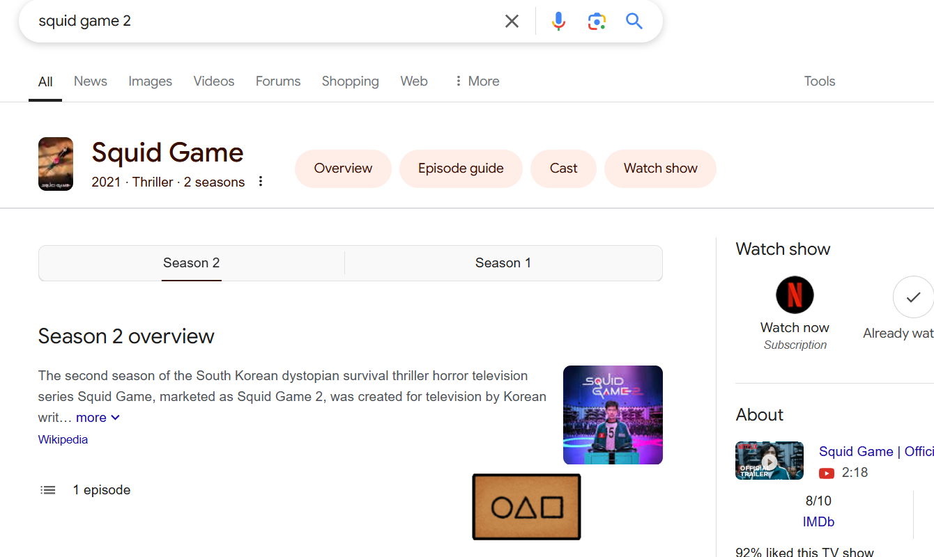 Ricerca Google di Squid Game per il mini gioco