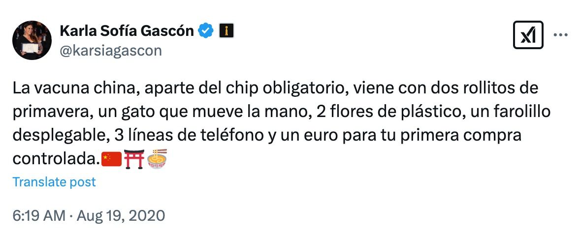 Uno dei tweet incriminati di Karla Sofìa Gascòn