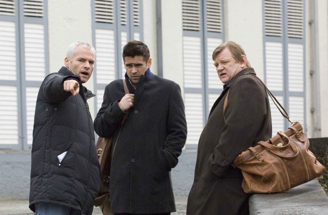 Martin McDonagh con Colin Farrell e Brendan Gleeson sul set di In Bruges (2008)