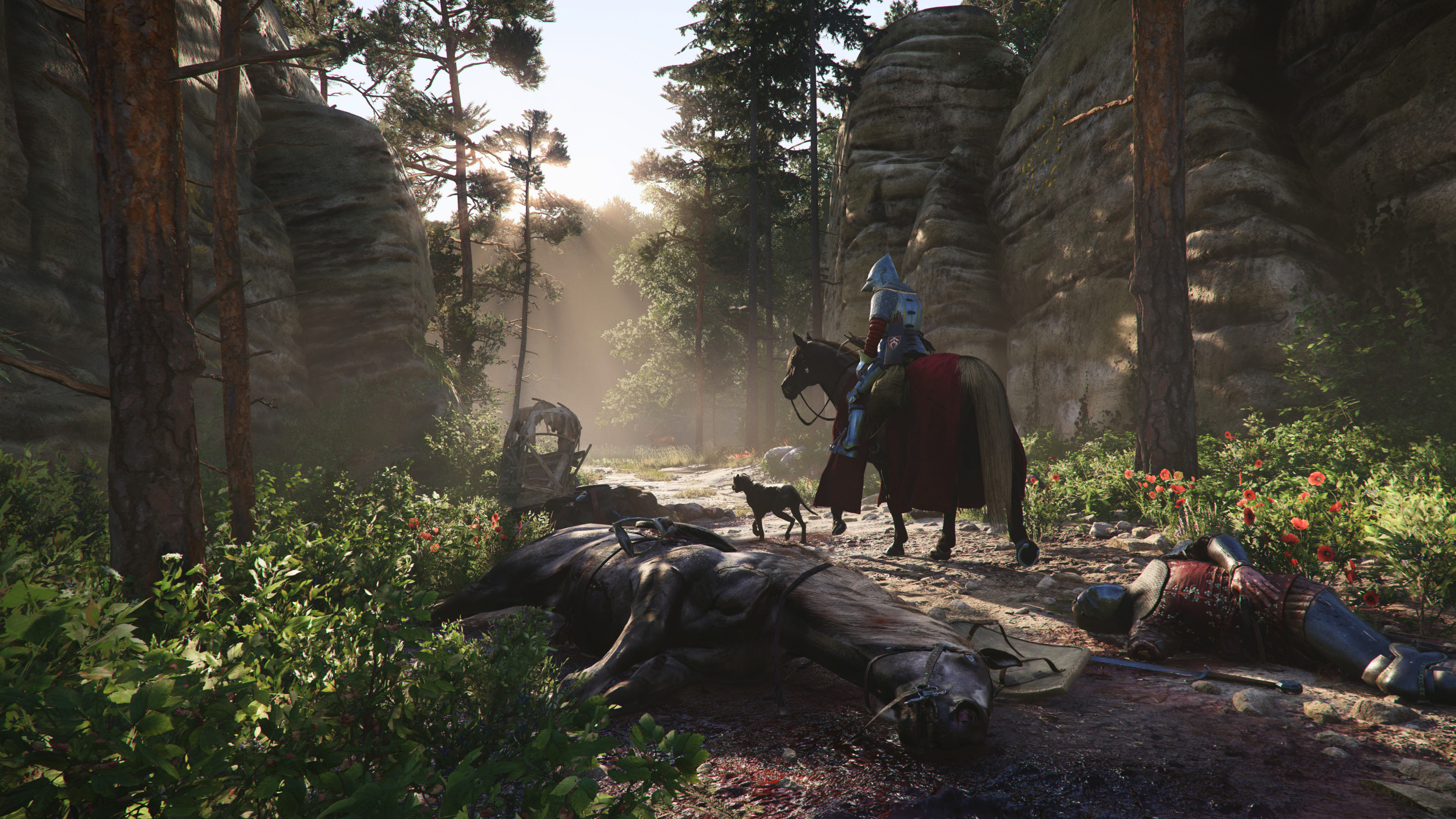 Un paesaggio di Kingdom Come Deliverance 2, dove si vedono dei cavalieri e dei banditi