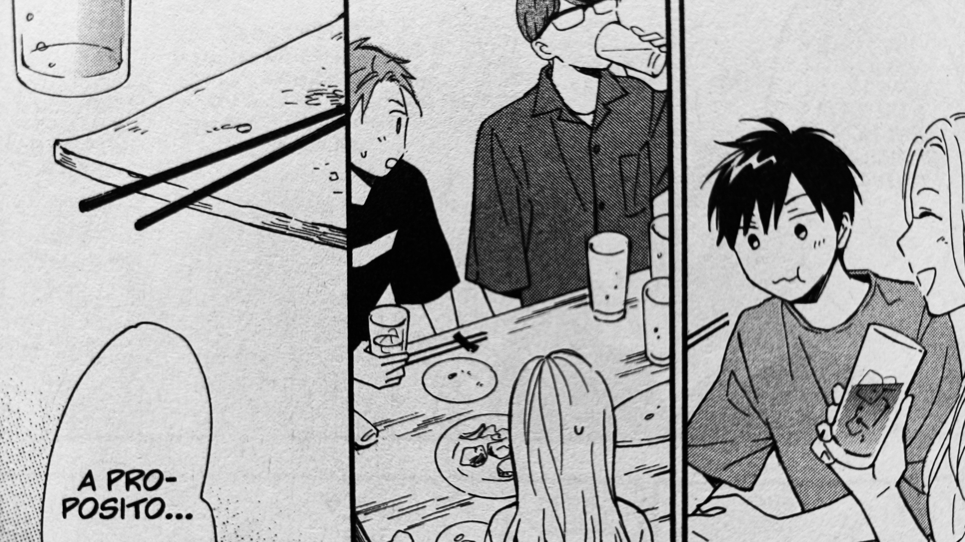 Wataru e i suoi amici seuditi al tavolo per bere
