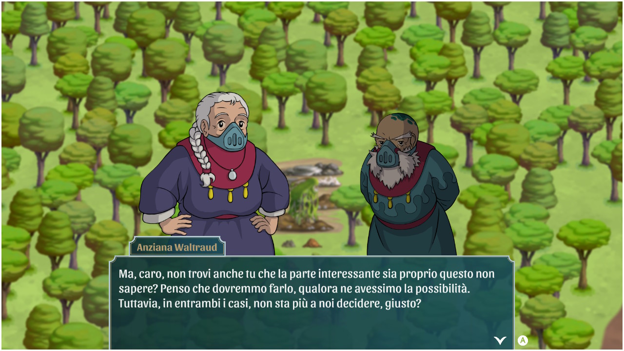 Una schermata di dialogo in The Wandering Village