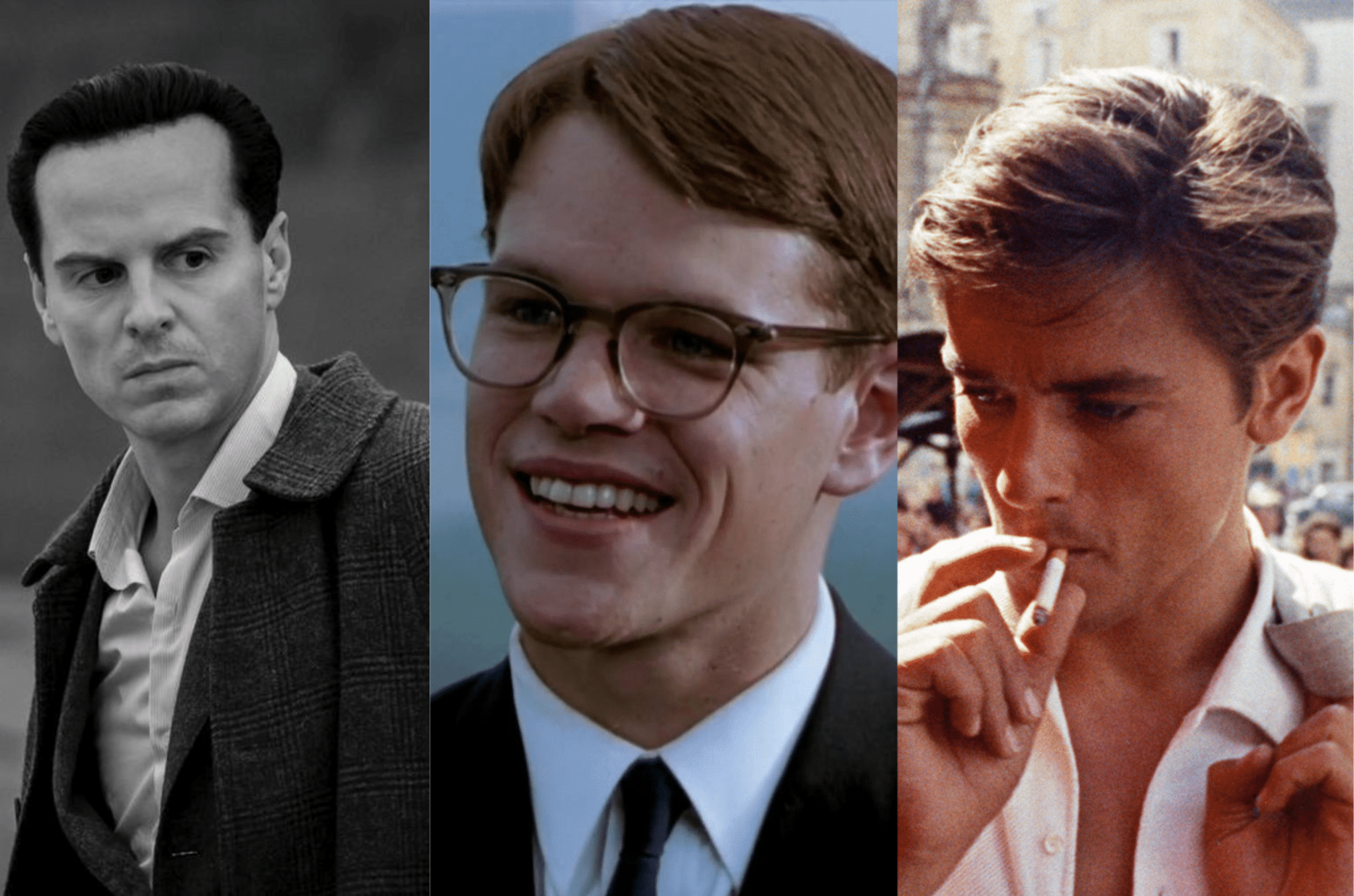 Andrew Scott, Matt Damon e Alain Delon nei panni di Tom Ripley.