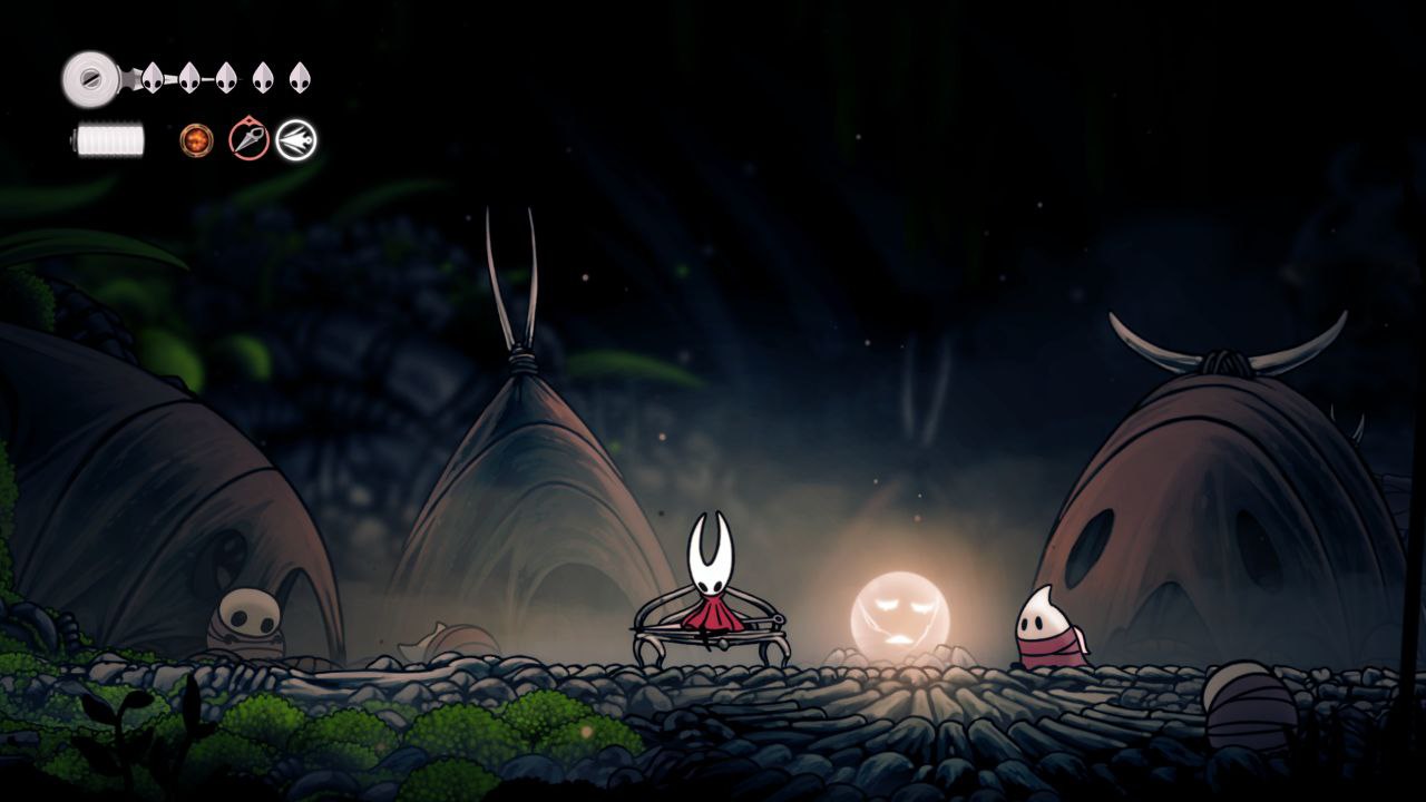Hornet riposa vicino a un pellegrino in Hollow Knight: Silksong
