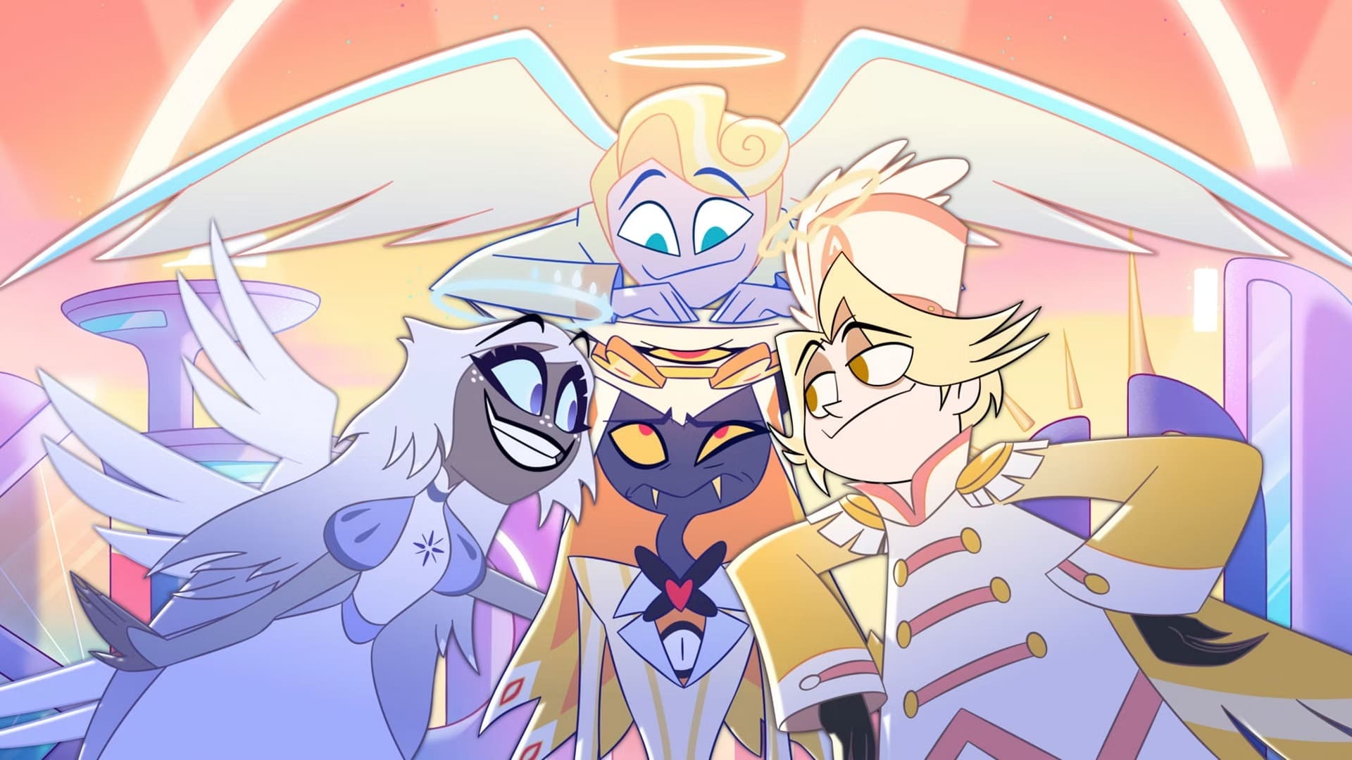 Sir Pentious e alcuni personaggi del paradiso in Hazbin Hotel