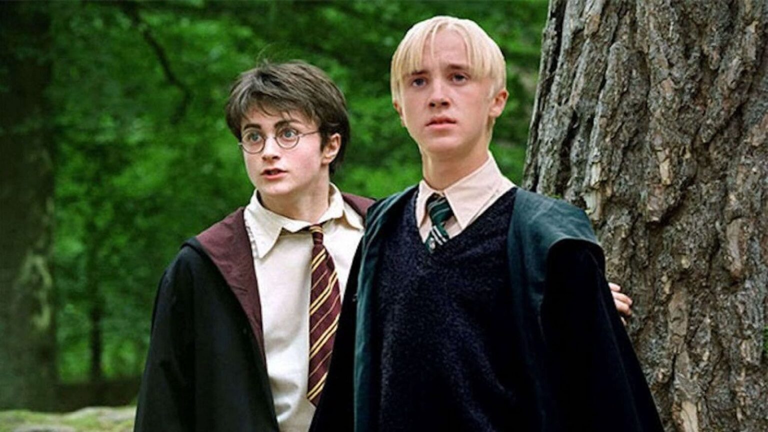 Daniel Radcliffe e Tom Felton nei ruoli di Harry Potter e Draco Malfoy