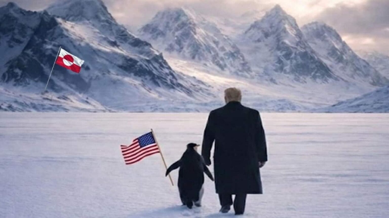 Immagine virale di Trump che conquista la Groenlandia con un pinguino