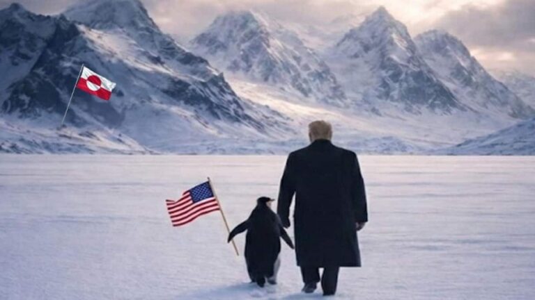 Pinguino con bandiera Usa in Groenlandia: il post di Trump che ha scatenato migliaia di meme Immagine virale di Trump che conquista la Groenlandia con un pinguino