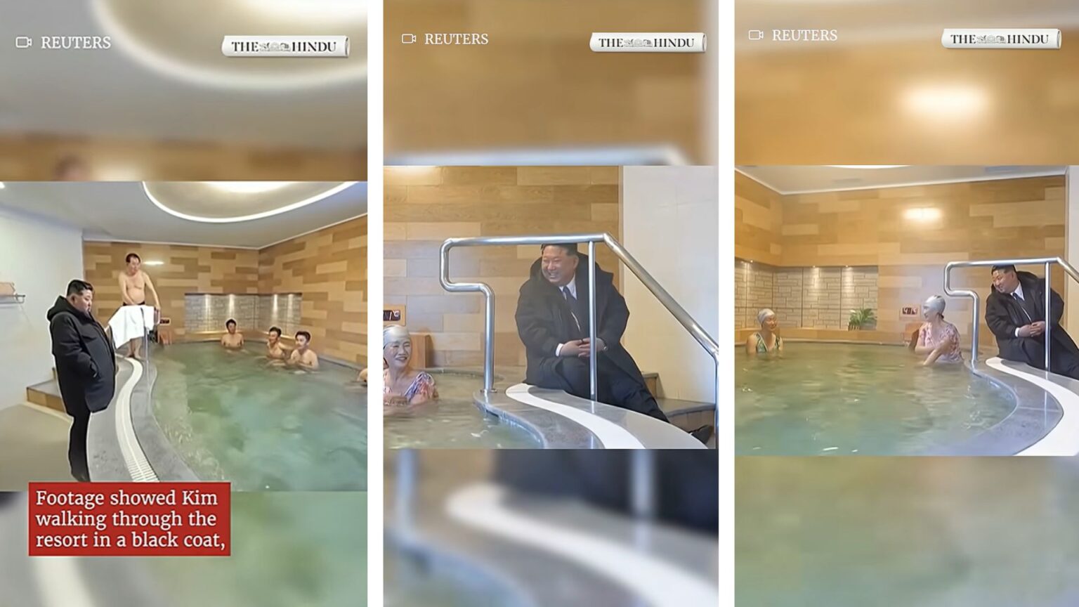 Kim Jong-un che fissa le persone mentre fanno il bagno alle terme