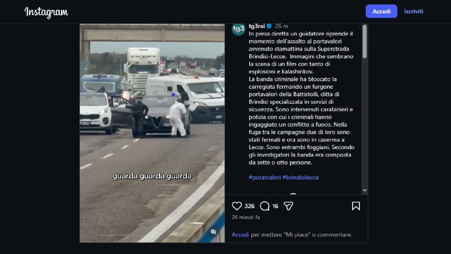 Assalto al portavalori sulla Brindisi Lecce