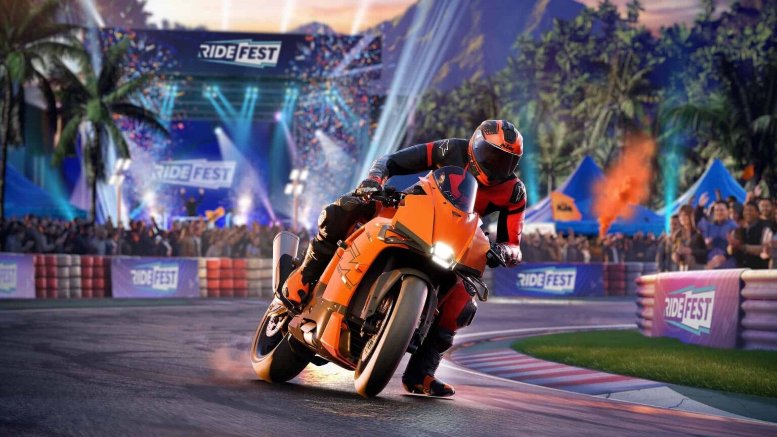 Key art di RIDE 6 con pilota di moto alla guida di una KTM in primo piano. Fonte: Milestone