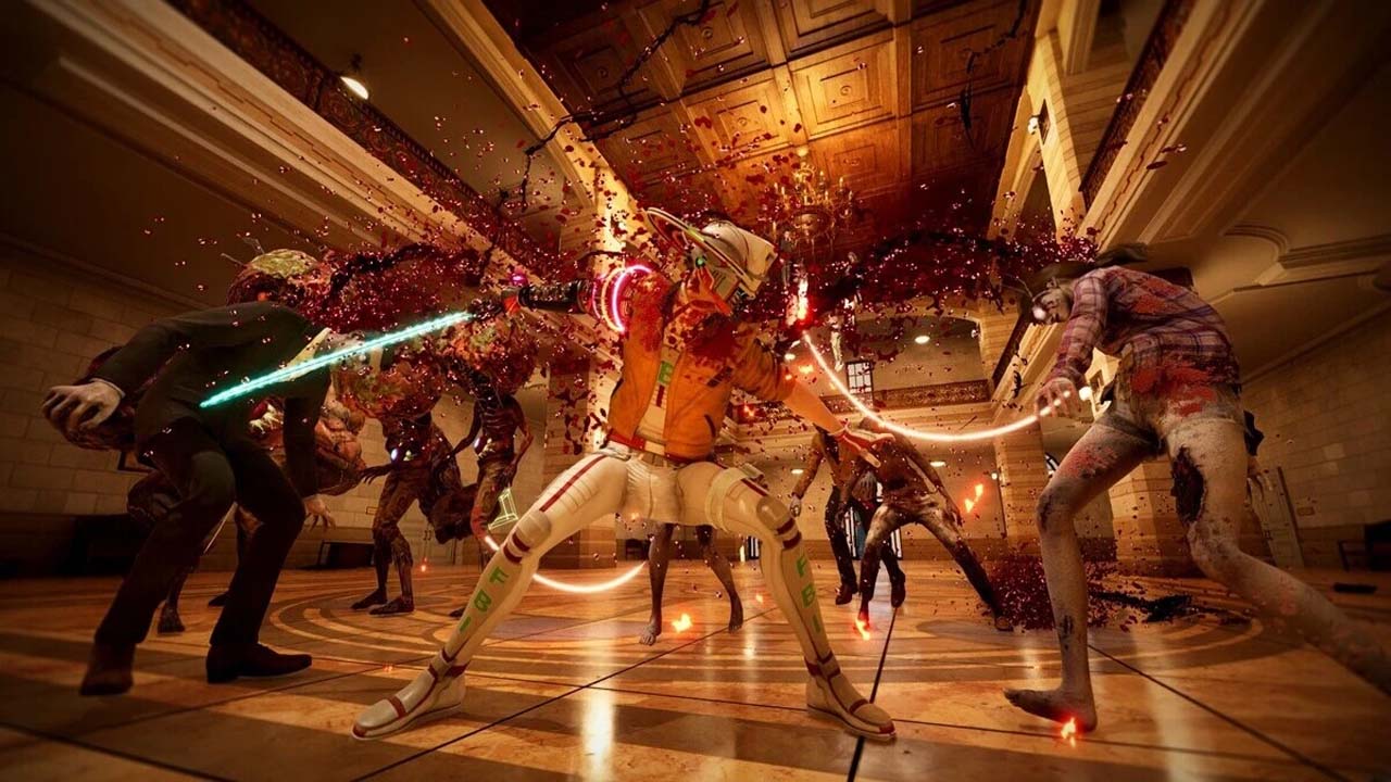 Una scena di combattimento tra il protagonista e molti nemici tutto intorno