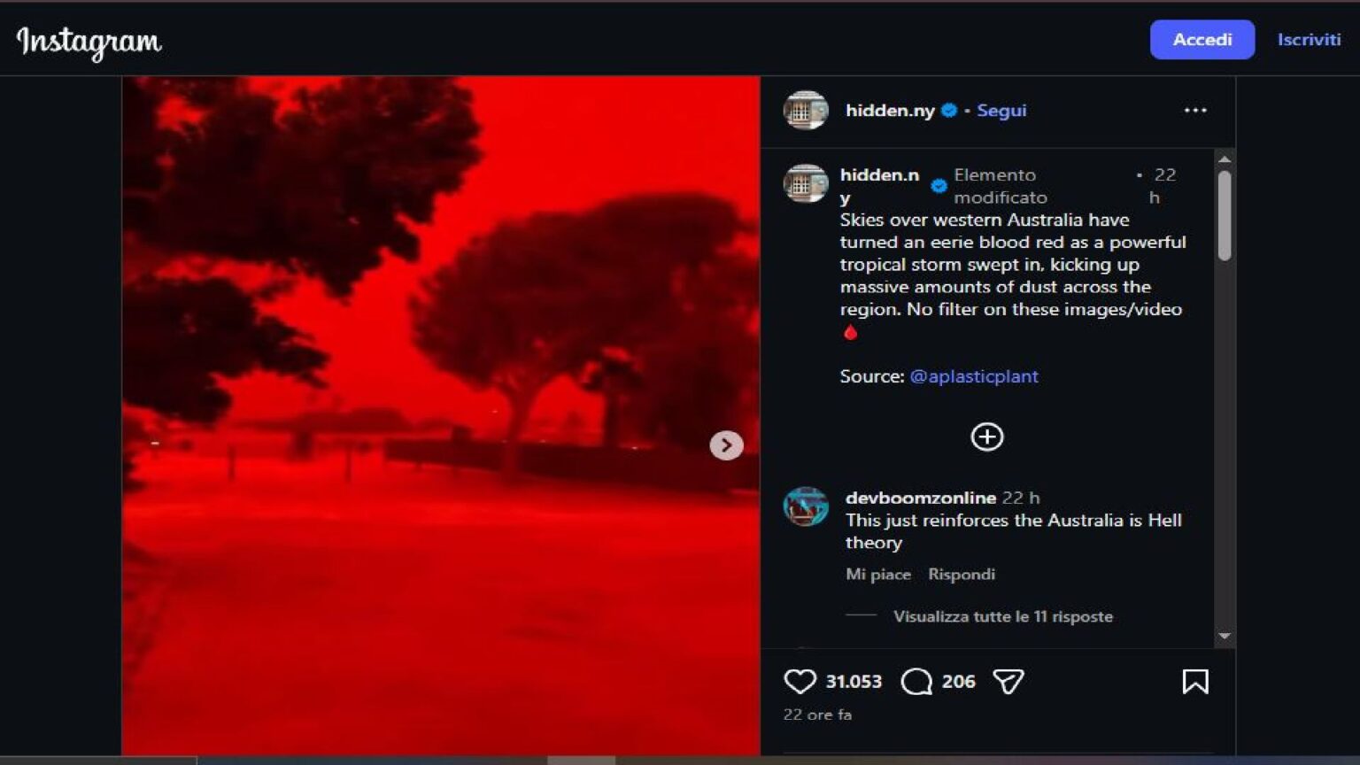 Australia, il cielo diventa apocalittico nelle immagini virali: cosa ha trasformato il giorno in un incubo rosso Cielo rosso in Australia - Instagram
