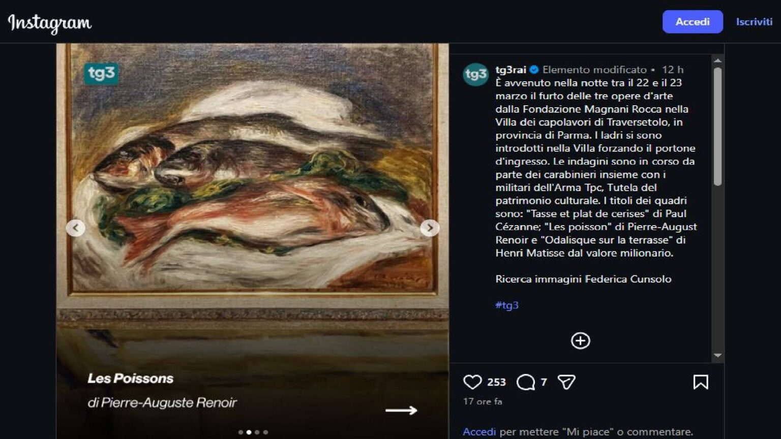 Renoir, Cézanne e Matisse spariti in una notte: il furto alla Villa dei Capolavori fa il giro del web Furto alla Villa dei Capolavori - TG3 via Instagram