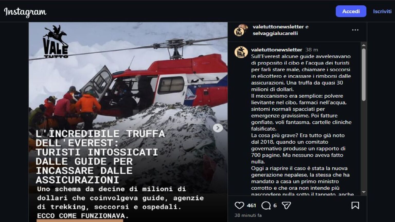 Guide dell’Everest fanno ammalare di proposito gli alpinisti per attivare finti soccorsi: la truffa (virale) da 20 milioni Truffa dell'Everest - Instagram