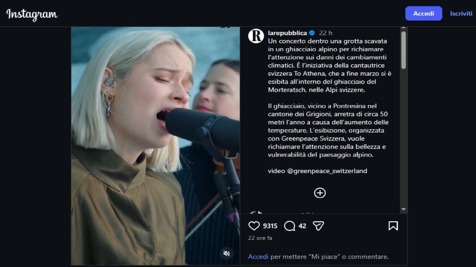 Concerto nella grotta di ghiaccio in Svizzera - Instagram