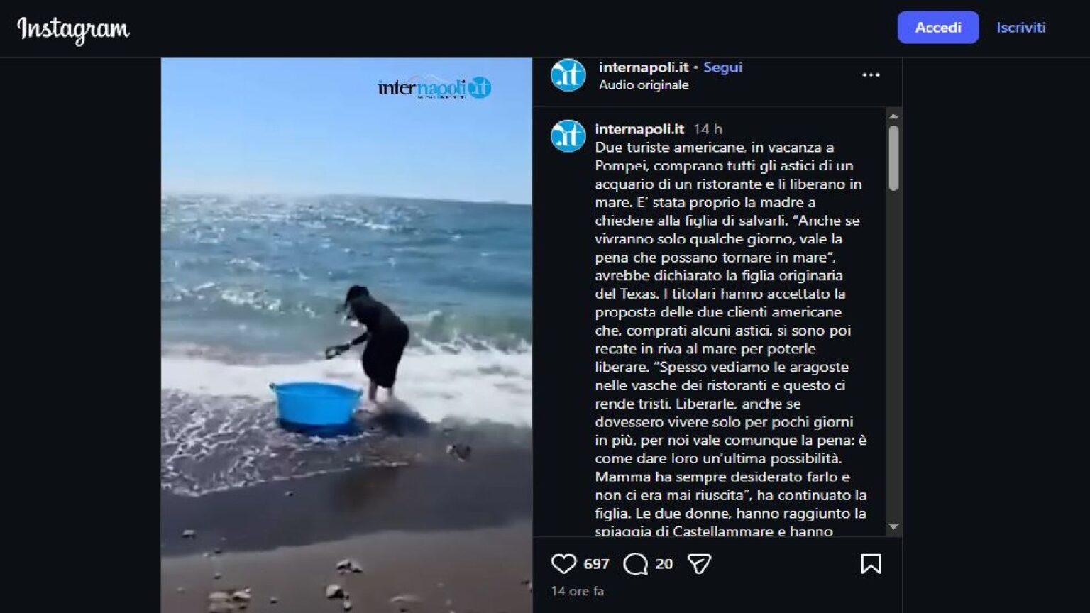 Famiglia texana compra 10 aragoste in un ristorante di Pompei, poi fa un gesto che commuove il web Turista libera aragoste in mare - Instagram