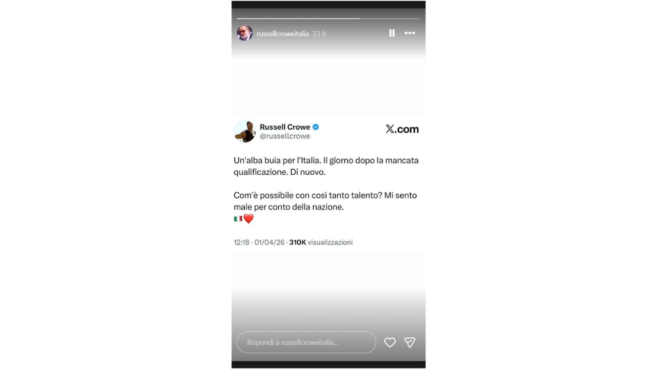 Il tweet di Russell Crowe in una storia Instagram di una fanpage