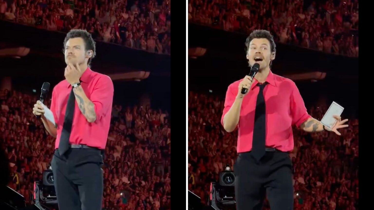 Harry Styles ferma il concerto per un gender reveal: la reazione dell’arena è da brividi Harry Styles mentre fa un gender reveal sul palco