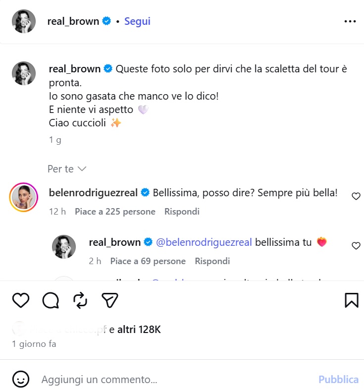 Il post di Emma Marrone con il commento di Belén Rodriguez