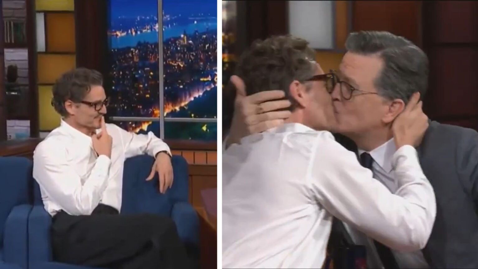 Pedro Pascal bacia Stephen Colbert