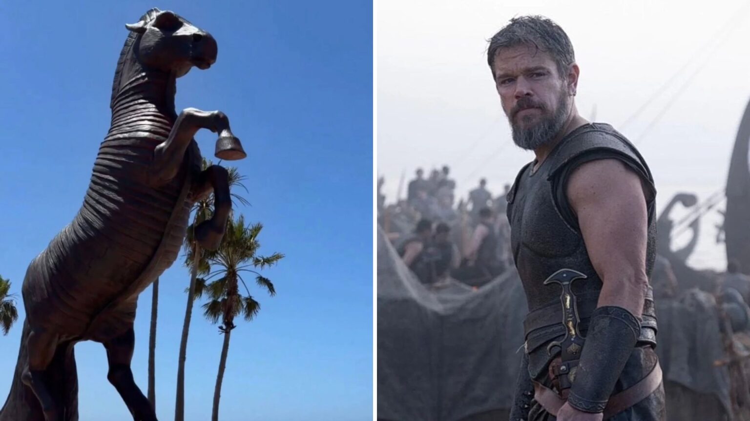 Christopher Nolan trasforma Venice Beach nell’Odissea: quello che appare sulla spiaggia sembra uscito dal mito Il cavallo con Ulisse di Odissea di Nolan