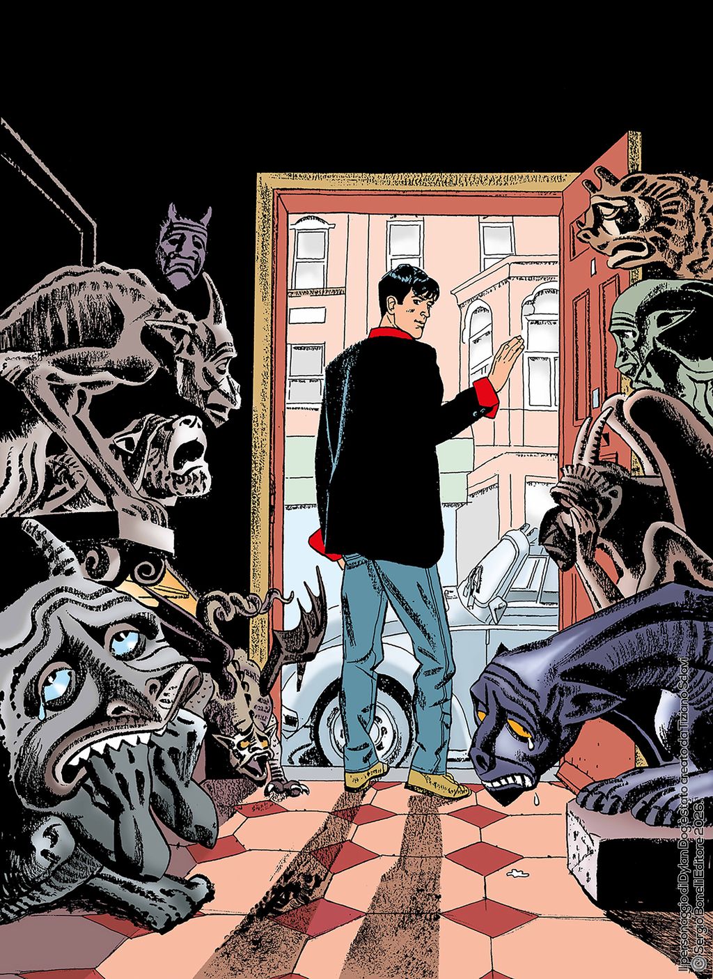 Illustrazione di Dylan Dog insieme a dei mostri in una casa
