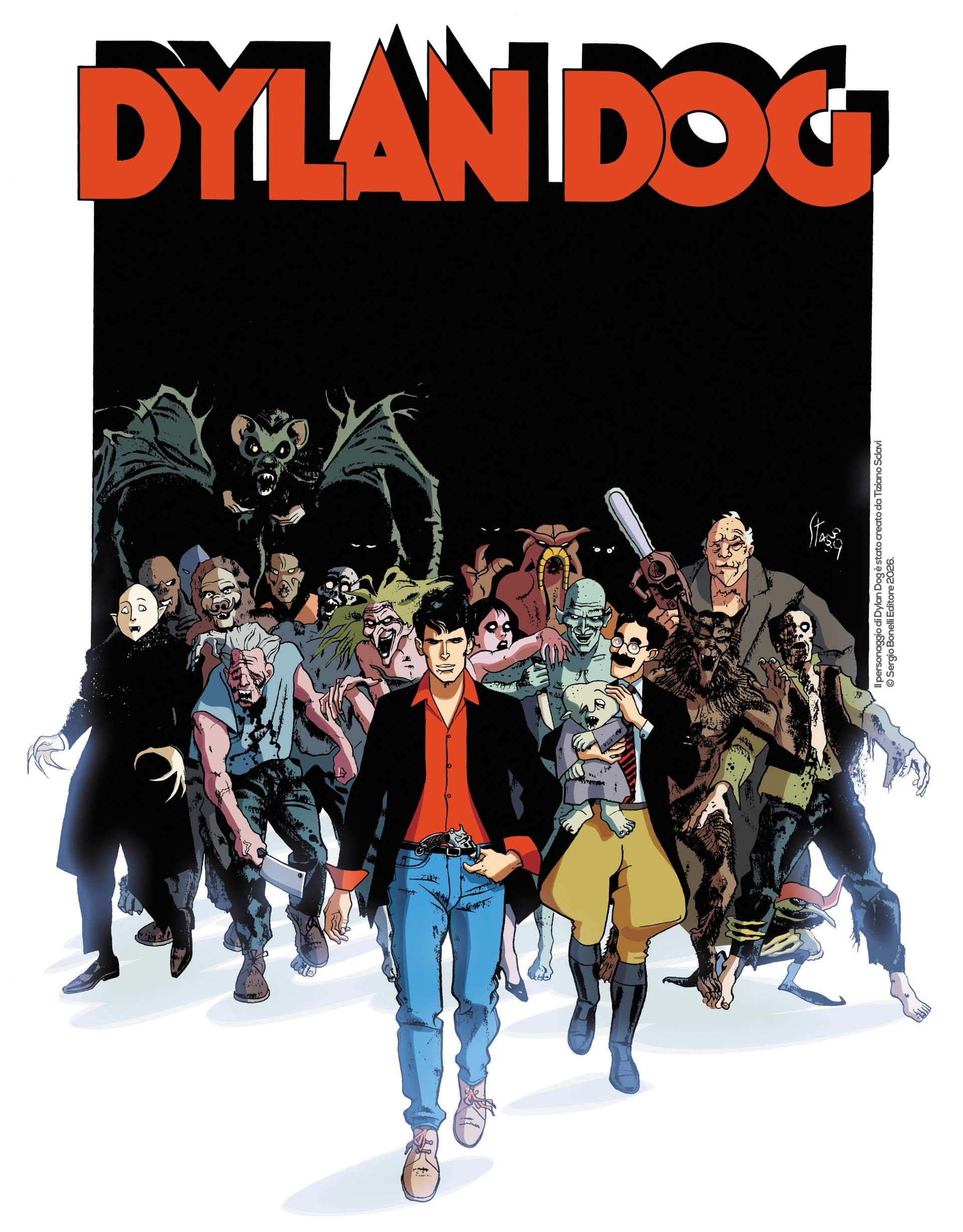 Illustrazione di Dylan Dog insieme ai mostri di Stano