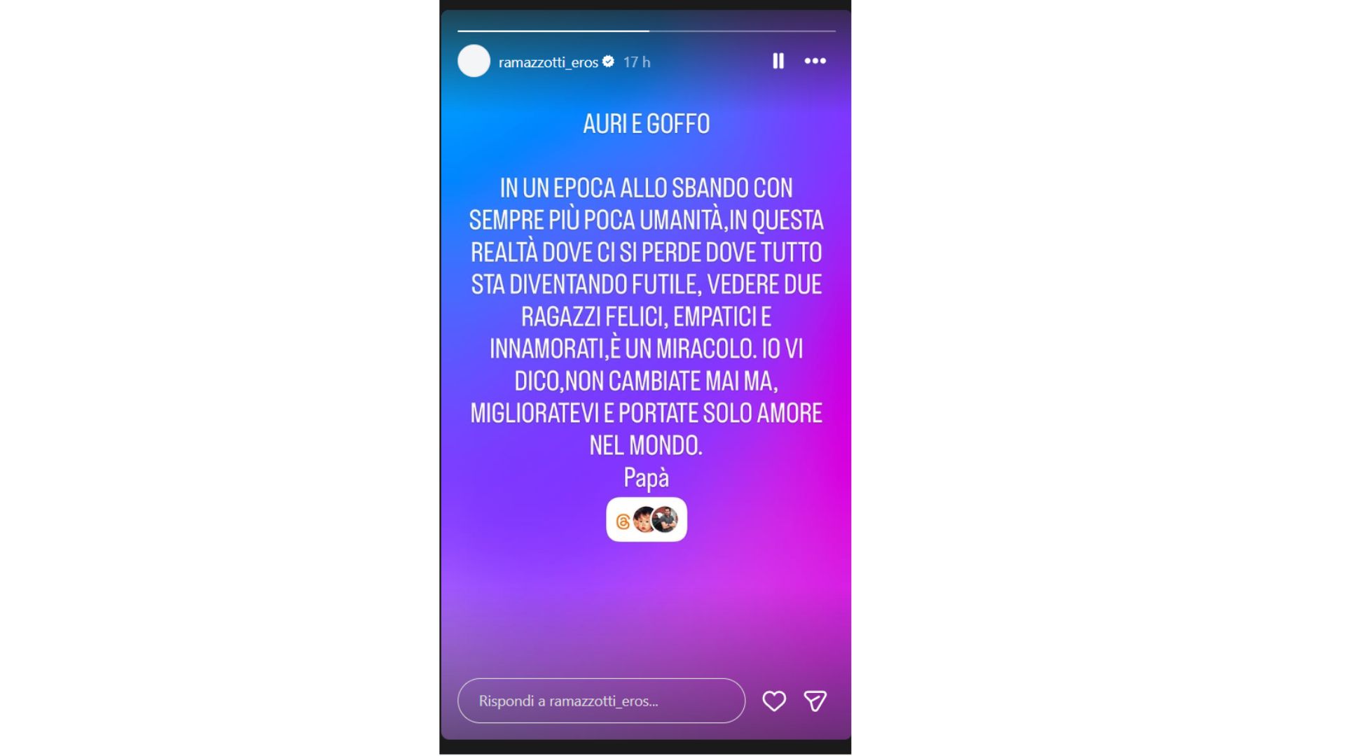 Il messaggio social di Eros Ramazzotti per la figlia