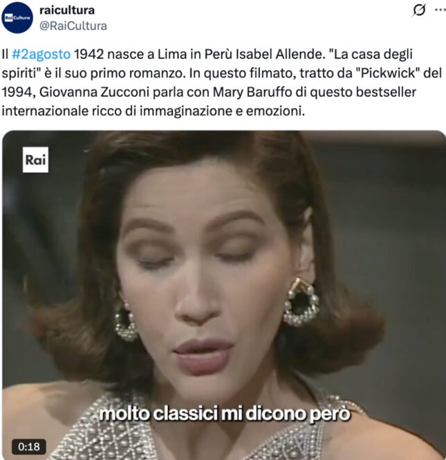 Il post della Rai su Isabel Allende